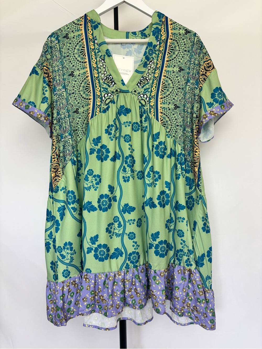 Printed V-Neck Dress in Light Green and Teal  NWT